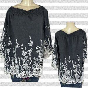 Denim 24/7 +28W Black Denim Floral Embroidered Lace Shirred Neck 3/4 Sleeve Top